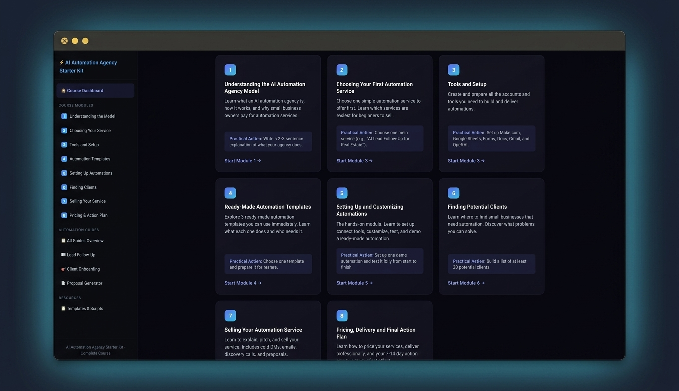 AI Automation Agency Starter Kit — Course Dashboard Preview
